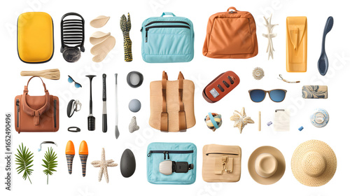 Pack your perfect travel essentials with stylish bags, sunglasses, hats, and grooming items isolated on white background