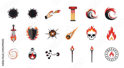 Vector Icons Set of Fiery Fantasy Icon Set Vector Illustrations of Magic Spells and Mythical Elements. Vector Illustrations. EPS Editable