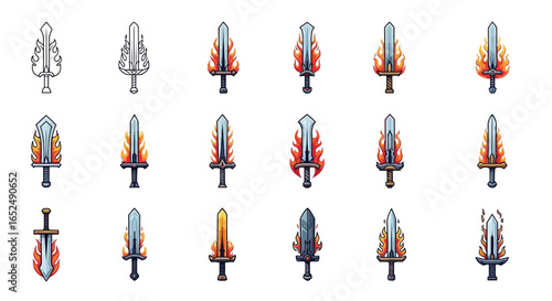 Vector Icons Set of Fiery Sword Icon Set Diverse Cartoon Blades for Fantasy Game Assets. Vector Illustrations. EPS Editable