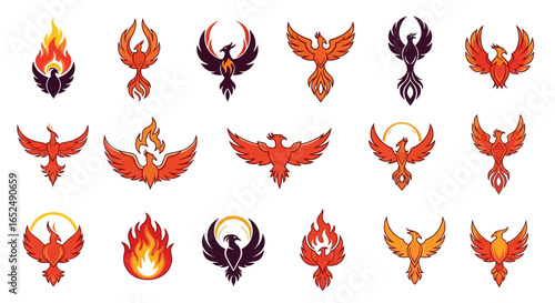 Vector Icons Set of Fiery Phoenix Emblem Collection Dynamic Stylized Bird Icons for Modern Logos. Vector Illustrations. EPS Editable