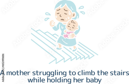 赤ちゃんを抱いて汗だくで階段を上がるママ（主線なし）
A sweaty mother carrying a baby up the stairs (no main line)