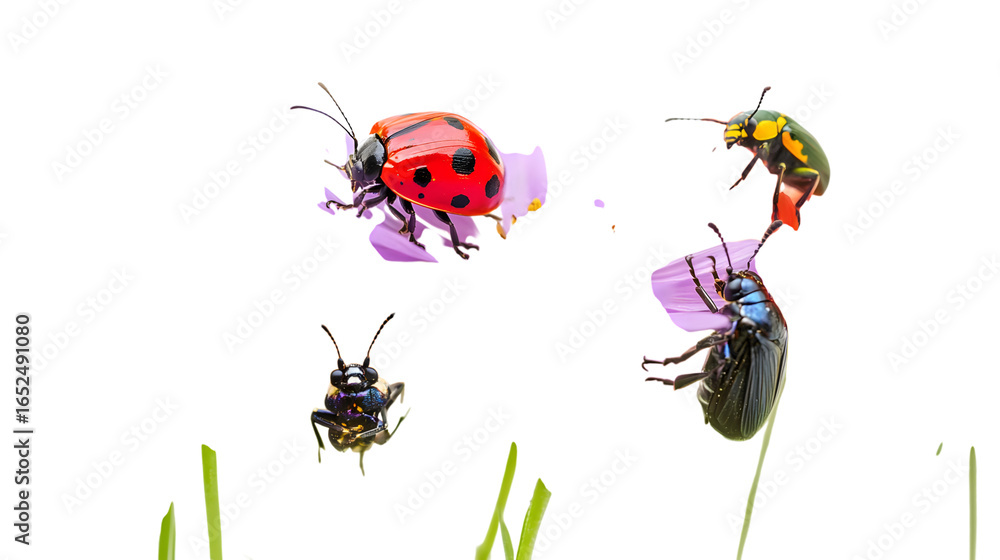 Fototapeta premium Ladybug and colorful beetles on a flower with vibrant colors, perfect for nature lovers isolated on white background