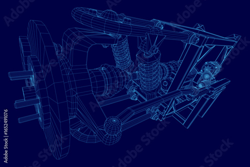 A detailed 3D model of a modular car engine with electric motor components, showcasing suspension and wireframe structure on a blue background. The intricate design highlights mechanical.