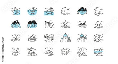 Vector Icons Set of Greek Travel Adventure A Minimalist Line Icon Set with Blue Accents. Vector Illustrations. EPS Editable