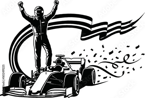 Black and white illustration of a Formula 1 race car driver celebrating a victory.