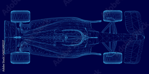 Blueprint of a Formula 1 car displayed on a blue background, featuring detailed wireframe design elements. The sportcar's aerodynamic structure, suspension system.