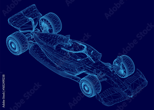 A detailed 3D blueprint of a Formula 1 car features a wireframe design on a vibrant blue background. The technical illustration highlights the sportscar's aerodynamic structure with precision.