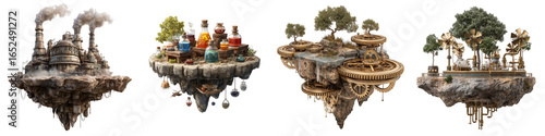 Floating industrial islands connected by gears and natural elements on transparent background