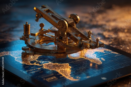 Sextant lays on Tablet Map Displaying Global Data, used for Geolocation concepts