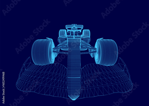 Blueprint of a Formula 1 car displays intricate wireframe details on a blue background, highlighting aerodynamic design and engineering precision. The sportcar's structure is meticulously outlined.