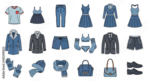 Vector Icons Set of Illustrated Wardrobe Essentials A Collection of Blue and Grey Fashion Icons for Men and Women. Vector Illustrations. EPS Editable