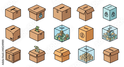 Vector Icons Set of Isometric Cartoon Collection of Donation Ballot and Charity Boxes. Vector Illustrations. EPS Editable