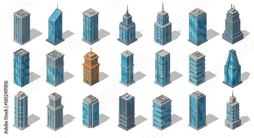 Vector Icons Set of Isometric Cityscape Construction Set Diverse Modern Skyscrapers on White Background. Vector Illustrations. EPS Editable