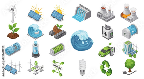 Vector Icons Set of Isometric Energy Ecology Icons A Diverse Set of Modern Power Generation Concepts. Vector Illustrations. EPS Editable