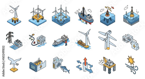 Vector Icons Set of Isometric Icons of Offshore Wind Farms Marine Energy and Power Grid Infrastructure. Vector Illustrations. EPS Editable