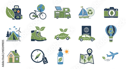 Vector Icons Set of Journey Green A Modern Icon Set for Sustainable Travel and EcoLifestyle. Vector Illustrations. EPS Editable