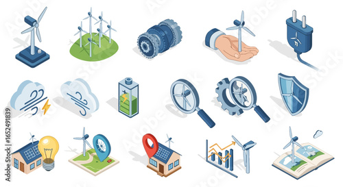Vector Icons Set of Isometric Wind Energy Icons Turbines Technology and Sustainable Power Solutions. Vector Illustrations. EPS Editable