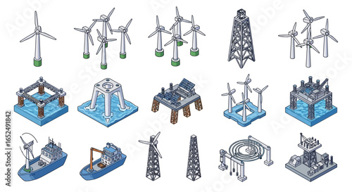 Vector Icons Set of Isometric Wind and Marine Energy Infrastructure A Detailed Vector Illustration Set. Vector Illustrations. EPS Editable