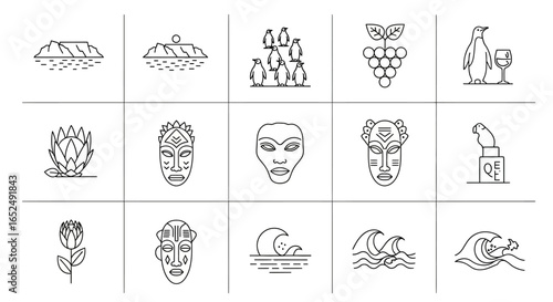 Vector Icons Set of Journey to South Africa A Minimalist Icon Set of Its Culture and Nature. Vector Illustrations. EPS Editable