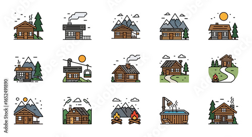 Vector Icons Set of Log Cabin Getaway A Modern Vector Icon Set for Mountain Life Leisure. Vector Illustrations. EPS Editable