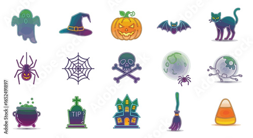 Vector Icons Set of Luminous Gradient Halloween Icon Collection with a Modern Neon Glow. Vector Illustrations. EPS Editable
