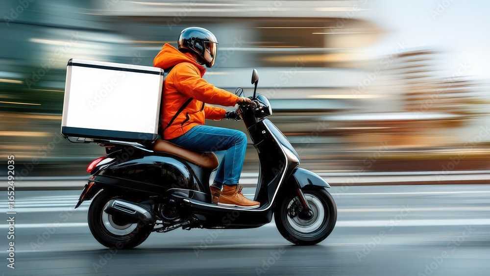 Fototapeta premium Courier on a black scooter with a white delivery box in motion on a city street