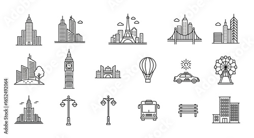 Vector Icons Set of Minimalist Line Art Icons of Cityscapes World Landmarks and Urban Life. Vector Illustrations. EPS Editable