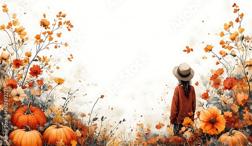 Woman in straw hat looking at autumn flowers and pumpkins watercolor painting fall girl