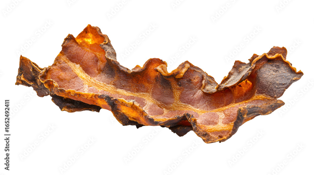 Obraz premium Crispy bacon strip isolated, perfect for breakfast menus and food photography projects, mouthwatering isolated on white background