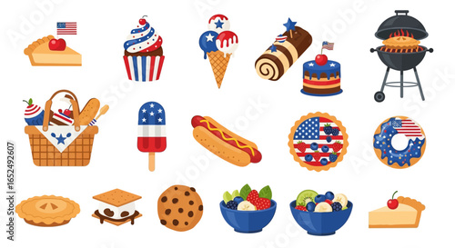 Vector Icons Set of Patriotic Picnic BBQ A Festive Vector Icon Set of American 4th of July Foods. Vector Illustrations. EPS Editable