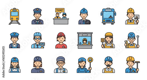 Vector Icons Set of Public Transportation and Laborer Professions Icon Collection in Filled Outline Style. Vector Illustrations. EPS Editable