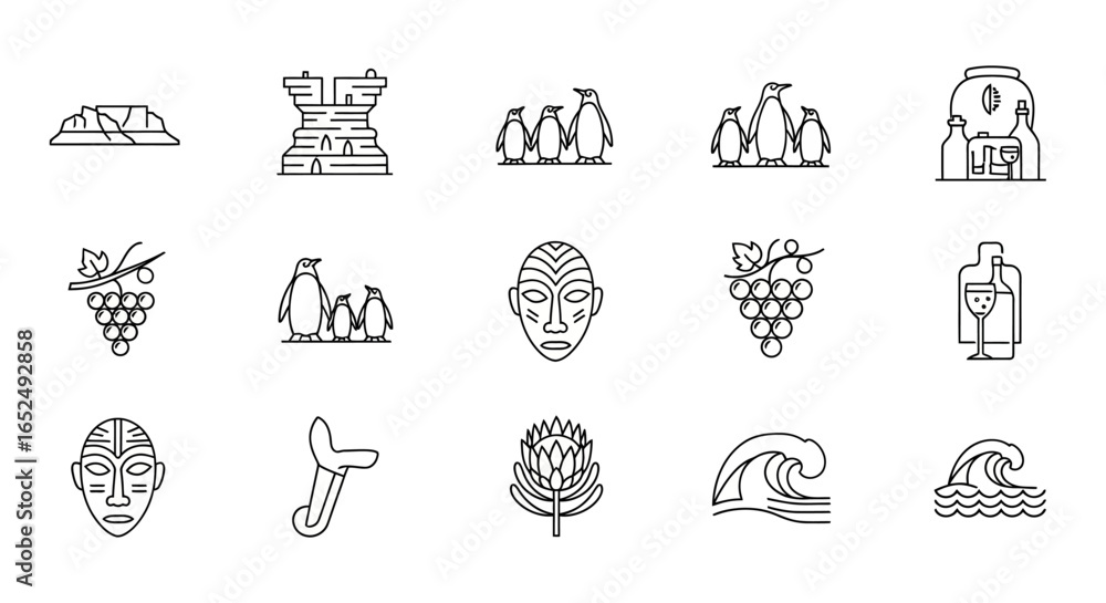 Fototapeta premium Vector Icons Set of South Africa Icon Set Table Mountain Penguins Protea in Minimalist Line Art. Vector Illustrations. EPS Editable