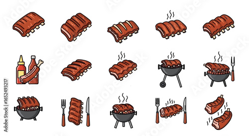 Vector Icons Set of Vector Icon Set of Smoky Barbecue Pork Ribs Grills and Sauces. Vector Illustrations. EPS Editable