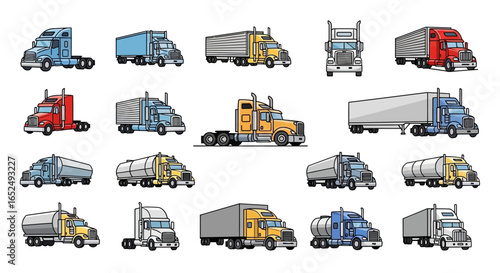Vector Icons Set of Vector Set of Various SemiTrucks Tractor Tanker and Box Trailer Icons. Vector Illustrations. EPS Editable