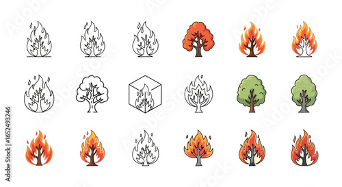 Vector Icons Set of Versatile Burning Tree Icon Set Stylized Wildfire Illustrations in Line and Color. Vector Illustrations. EPS Editable