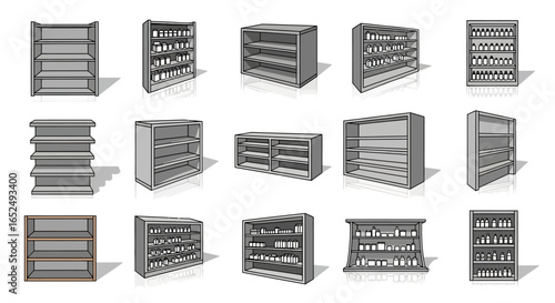 Vector Icons Set of Versatile Collection of Illustrated Retail Shelves Empty and Stocked with Products. Vector Illustrations. EPS Editable