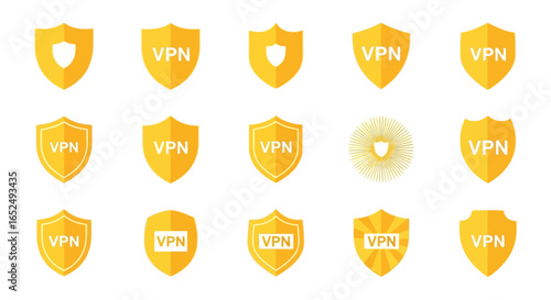Vector Icons Set of Versatile Set of Golden VPN Shield Icons for Cybersecurity and Privacy Concepts. Vector Illustrations. EPS Editable