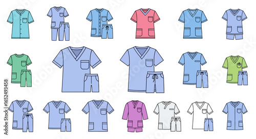 Vector Icons Set of Vibrant Assortment of Medical Scrub Uniforms in Diverse Styles and Colors Flat Icon Set. Vector Illustrations. EPS Editable