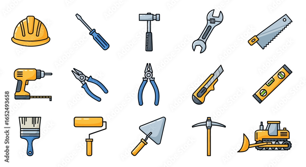 Obraz premium Vector Icons Set of Vibrant Cartoon Icon Set of Essential Construction and Repair Tools. Vector Illustrations. EPS Editable