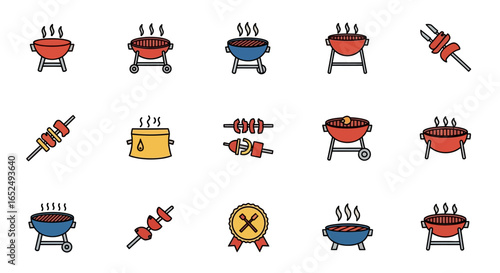 Vector Icons Set of Vibrant BBQ and Grilling Icon Set Colorful Flat Line Illustrations for Cookouts. Vector Illustrations. EPS Editable