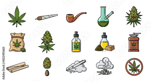 Vector Icons Set of Vibrant Cartoon Icon Set Illustrating Cannabis Culture and Consumption. Vector Illustrations. EPS Editable