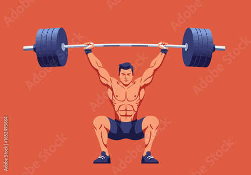 Muscular Man Lifting Heavy Barbell in Squat Position