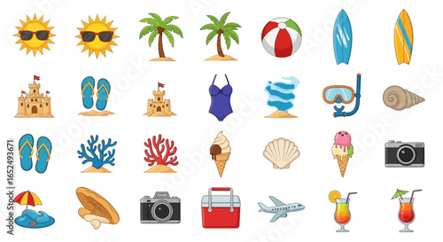 Vector Icons Set of Vibrant Cartoon Icon Collection Depicting Summer Beach Vacation Essentials. Vector Illustrations. EPS Editable
