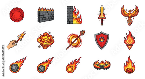 Vector Icons Set of Vibrant Cartoon Set of Fire Magic and Fantasy Combat Icons. Vector Illustrations. EPS Editable