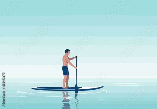 Man Paddleboarding on Calm Water Surface with Paddle