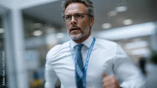 Doctor reacts to Code Blue alert while running in hospital hallway