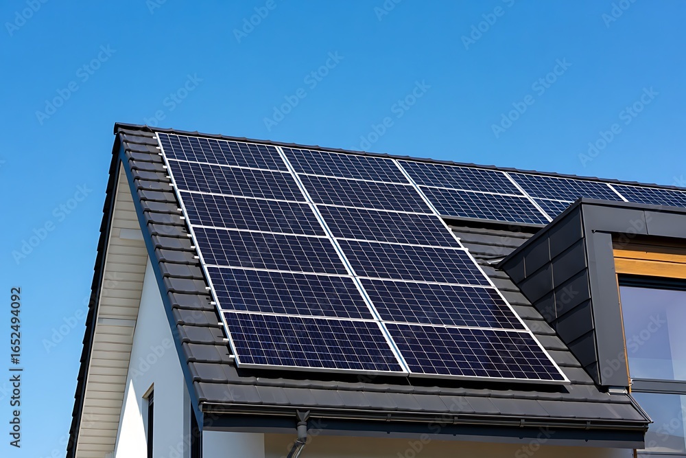 Fototapeta premium Modern Home with Solar Panels: Clean Energy, Sustainable Living, Bright Sunny Day