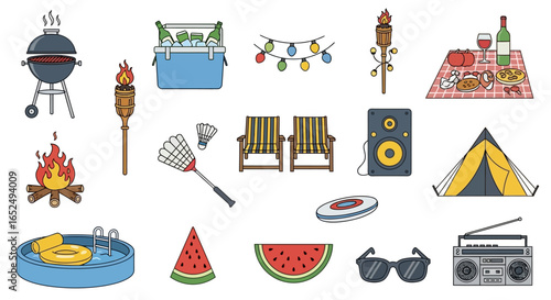 Vector Icons Set of Vibrant Doodle Icon Set of Summer Backyard Party and Camping Essentials. Vector Illustrations. EPS Editable