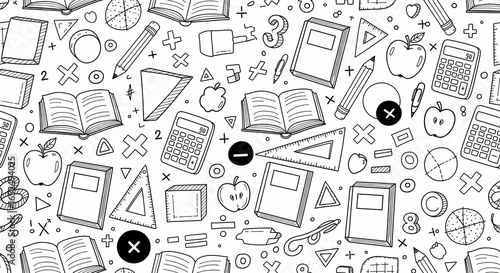 Seamless doodle education theme with books, calculator, pencils, and ruler, and other school