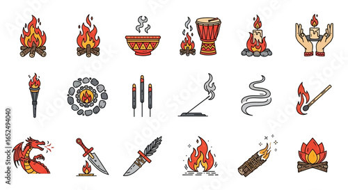 Vector Icons Set of Vibrant Doodle Icons of Fire Magic and Ancient Rituals. Vector Illustrations. EPS Editable